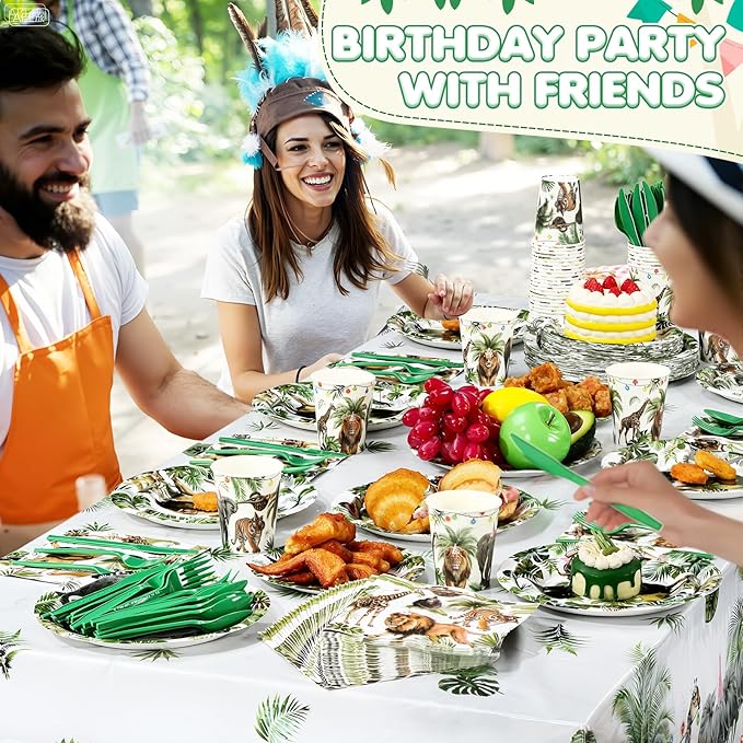 452 Pcs Wild Animals Birthday Party Decorations for 50, Jungle Themed Paper Plates Napkins Cups Tablecloth Cutlery Straws Safari Zoo Tableware Set for Baby Shower Gender Reveal Party Supplies