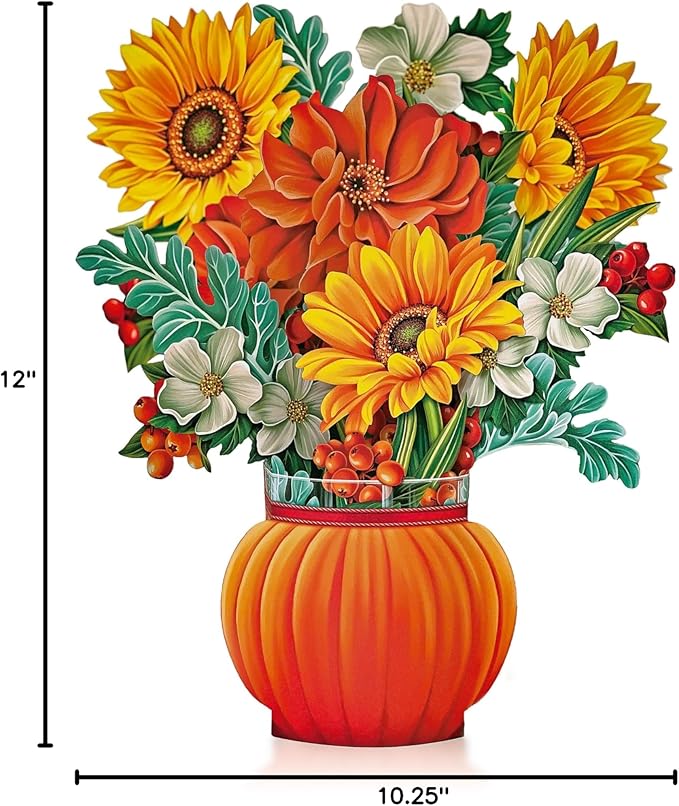 Freshcut Paper Pop Up Cards, Pumpkin Harvest, 12 Inch Life Sized Forever Flower Bouquet 3D Popup Greeting Card, Autumn Cards, Birthday Card, Blank Notecard & Envelope