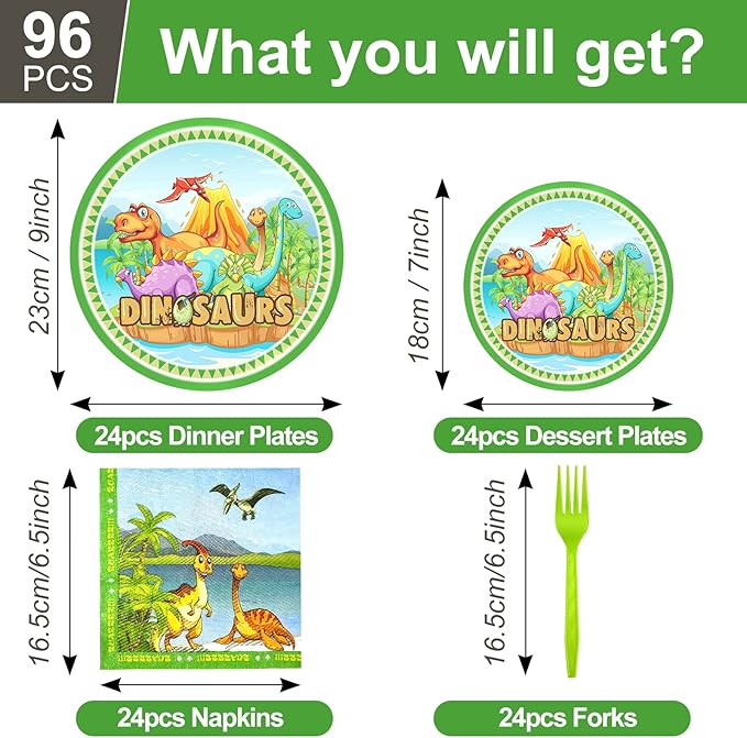 96 PCS Dinosaur Party Supplies - Birthday Tableware Set With Plates, Napkins, Forks for 24 Guests - Dino Themed Decorations