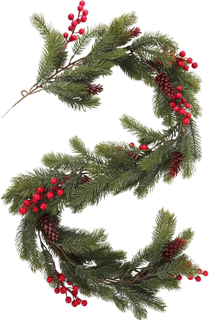 RECUTMS 4.6ft Christmas Garlands Christmas Decorations Pine Garland with Pine Cones and Red Berries Holiday Garland for Indoor Tabletop and Stair Railing Xmas Decorations Elegant Holiday Décor（Green）