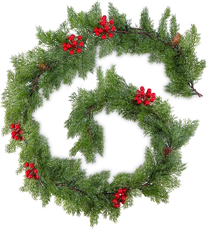6FT Christmas Garland Faux Cypress Pine Cedar Garland with 20 LED Lights, Holiday Garland for Home, Wedding, Party Decorations