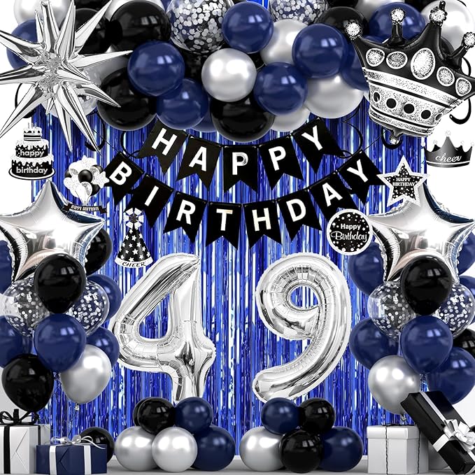 49th Birthday Decorations for Men and Women, Black Blue Silver Happy Birthday Number 49 Balloons, Banner, Fringe Curtains Garland Kit - 49 Year Old Party Supplies