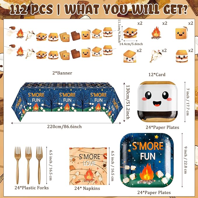 S’Mores Camping Party Decoration - Serves 24 - 112Pcs - S’More Love Fun Party Supplies, Campfire Disposable Plate Napkin Forks Tablecloth Banner Card, for Kid Camper Birthday Baby Shower