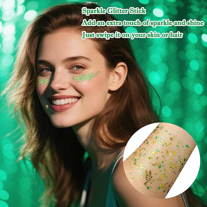 MEICOLY Gold and Green Face Glitter Stick,Hair Glitter Stick for Kids and Women,Green and Gold Spirit Wear Alien Makeup Accessories,Sparkle Body Glitter Makeup for Mardi Gras Carnival Festival Party
