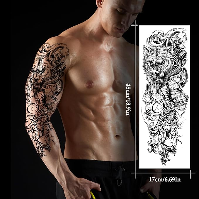 12 Sheets Temporary Sleeve Tattoos Adults, Waterproof Realistic Full Arm Fake Flower Totem Wolf Dragon Chinese Style Tattoos, Owl Monkey King Tattoo Parties Festivals Cosplay BBQ Pool Beach Party