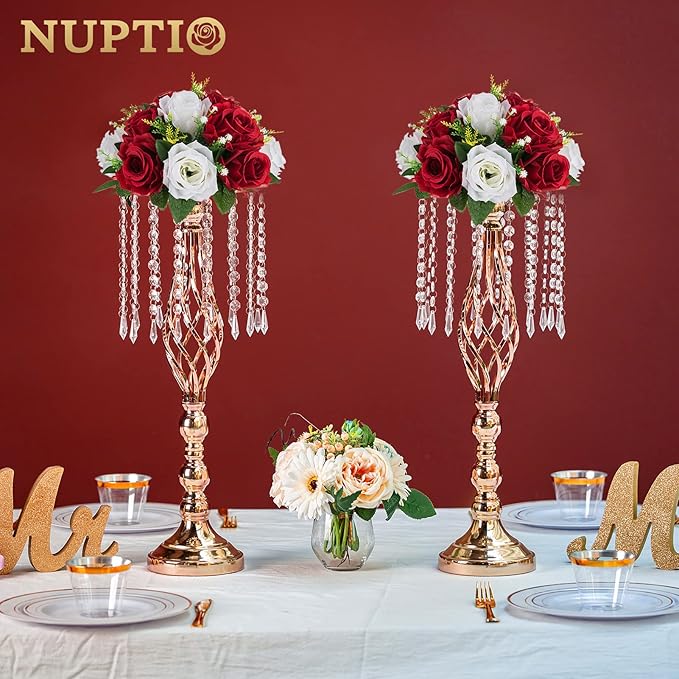 NUPTIO Artificial Flower Centrepieces for Tables - 2 Pcs Crimson & White Fake Flowers Roses Balls 9.5in Diameter - Silk Faux Rose Arrangement for Wedding Party Centerpiece Table Decorations