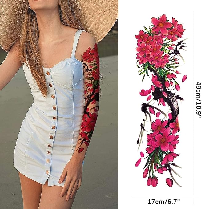 Aresvns Spring Sleeve Temporary Tattoo for women and gils, Beautiful Floral Waterproof Fake Tattoo,Roses Peacock Temp tatoo for BBQ Pool Beach Party