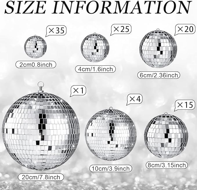 Funtery 100 Pcs Mirror Disco Balls Bulk Assorted Silver Hanging Disco Ball Decor for Home Wedding Birthday Dance Music 70 S Theme Party Christmas Tree Ornaments(1, 2, 3, 4, 6, 8)