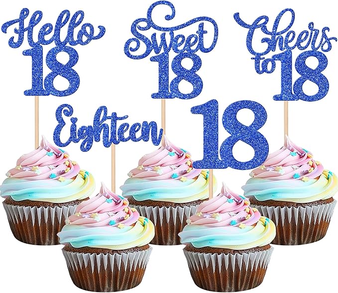 30PCS Happy 18th Birthday Cupcake Toppers Glitter Eighten Sweet 18 Hello 18 Cupcake Picks Cheers to 18 Birthday Decorations for 18th Birthday Anniversary Party Cake Decoration Supplies Blue