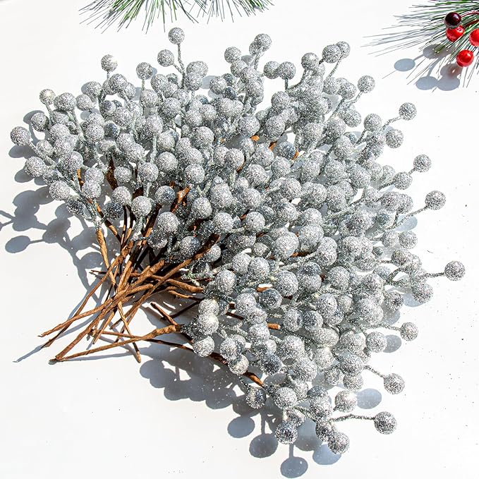 VioletEverGarden 32 Pack Glitter Christmas Picks 6.5 Inch Christmas Berry Stems Silver Artificial Berry Stems for Holiday Xmas Tree Home Decorations
