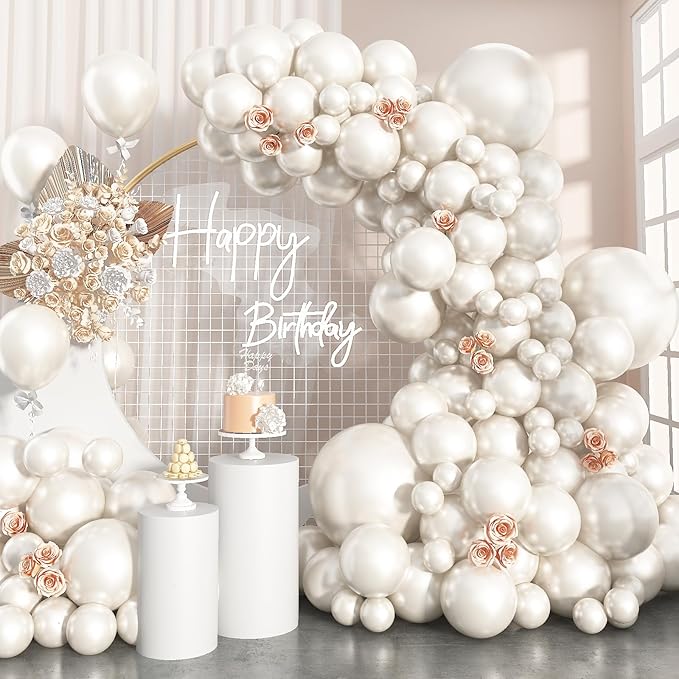 Pearl White Balloons Arch Double-Stuffed White Balloons Garland Ivory Balloon Different Sizes 18/12/10/5inch 61pcs Cream Beige Latex Balloons for Wedding Bridal Birthday Anniversary Decorations