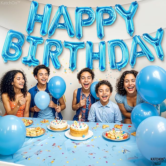 KatchOn, Blue Happy Birthday Balloons - 16 Inch | Blue Happy Birthday Decoration Banner for Birthday Party Decorations | happy birthday Foil Balloons for blue birthday decorations