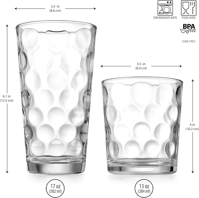 Home Essentials & Beyond Glassware Drinking Glasses Set Of 8 4 Highball (17 oz.) Kitchen Glasses | 4 (13 oz.) Rocks Glass Cups for Water, Juice and Cocktails.