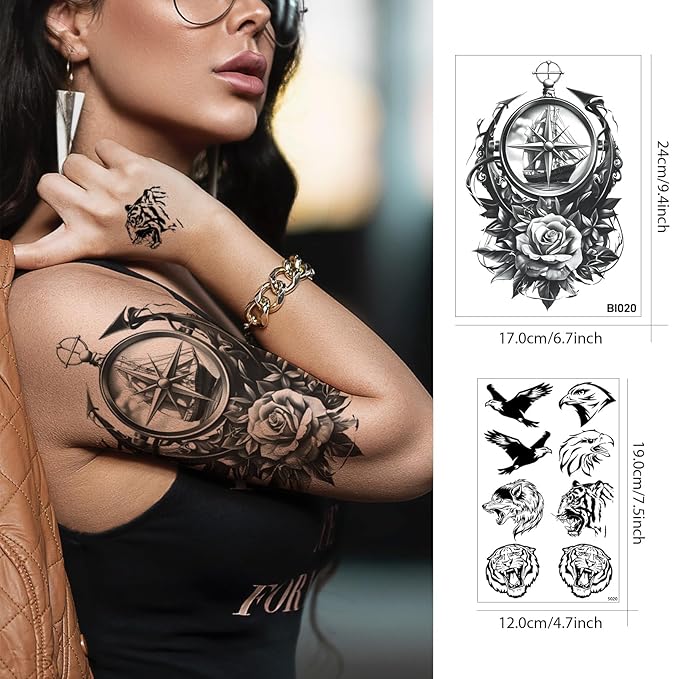 Aresvns 3D Half Sleeve Black Temporary Tattoos, Lion Wolf Skull Military Totem Fake Tattoo, Halloween tattoo stickers for Men Women,Cosplay BBQ Beach Pool party go Hiking Camp accessories
