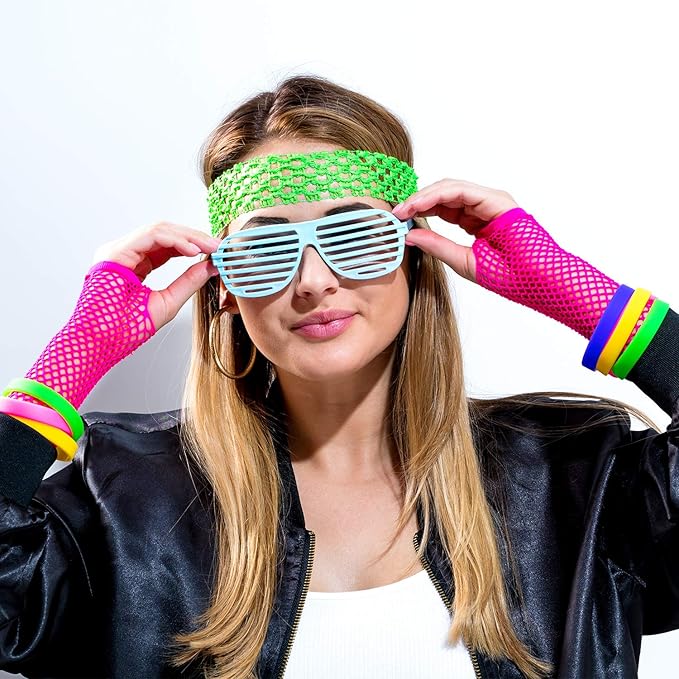 TecUnite 12 Pairs Fishnet Gloves Fingerless Neon Gloves for Women Men 80s Party Costume Accessories Supplies