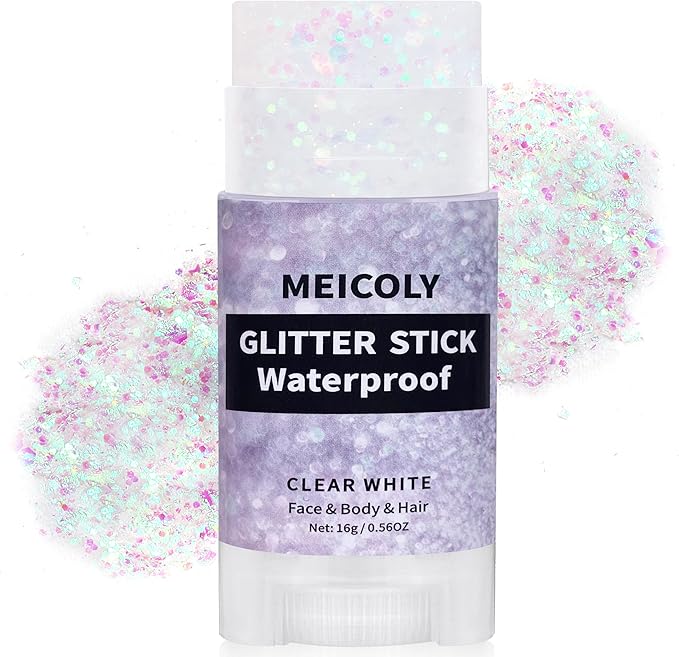 MEICOLY Clear White Face Body Glitter Stick,Hair Glitter Stick for Kids and Women,Sparkle Chunky Glitter Makeup,Waterproof Face Glitter for Party Rave Festival