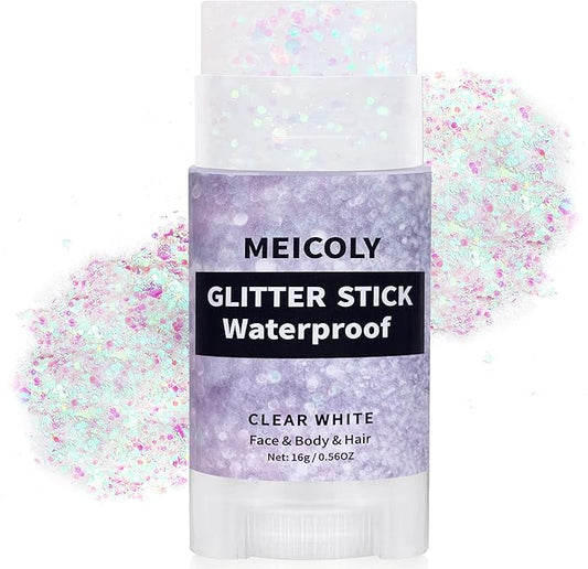 MEICOLY Clear White Face Body Glitter Stick,Hair Glitter Stick for Kids and Women,Sparkle Chunky Glitter Makeup,Waterproof Face Glitter for Party Rave Festival