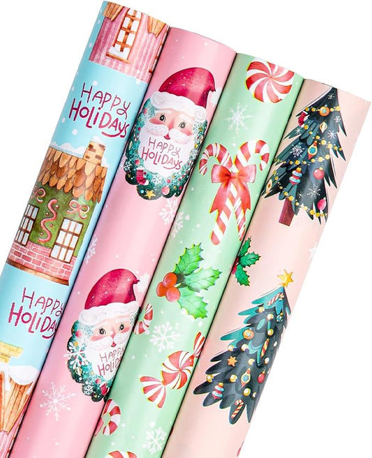 WRAPAHOLIC 30 Inch Christmas Wrapping Paper Roll - Jumbo Roll Pink Gingerbread House, Santa Claus, Christmas Tree and Candy Cane Design - 4 Rolls - 30 Inch x 120 Inch Per Roll
