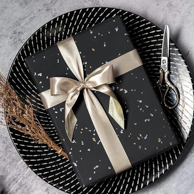 WRAPAHOLIC Black Wrapping Paper Roll - Mini Roll - 17 Inch x 16.5 Feet - Black Gold Design with Silky Touch Perfect for Birthday, Holiday, Wedding, Baby Shower
