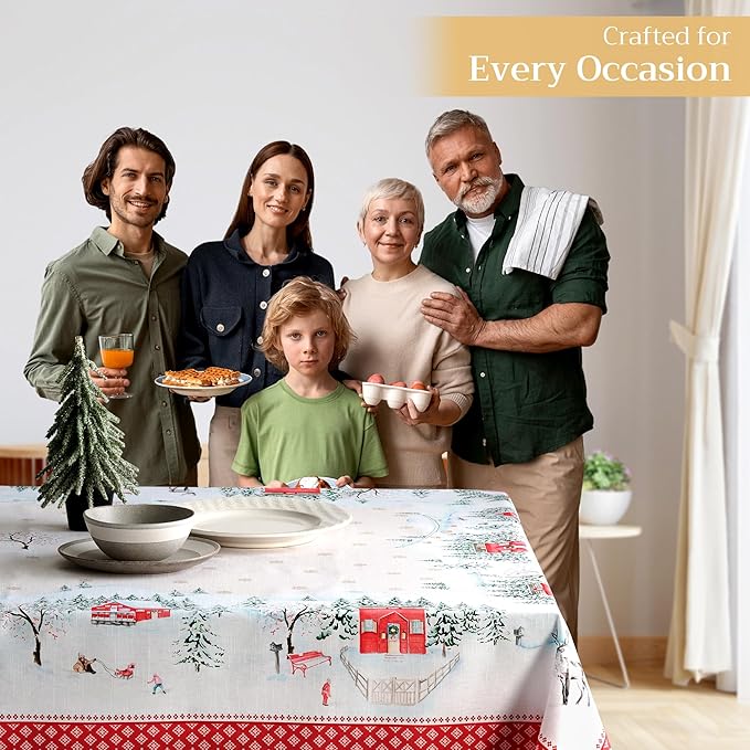 Maison d' Hermine Table Cloth Rectangle Table 100% Cotton 70 x 120 Inches Fall Tablecloth Reusable Everyday Use for Thanksgiving Christmas Decorations Dining Farmhouse Party (Rural Christmas)