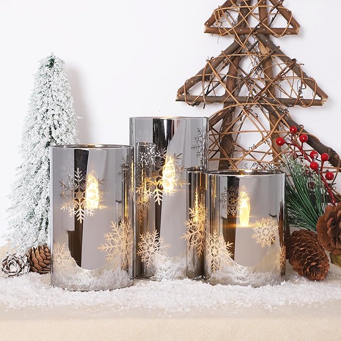 Snowflake LED Flameless Candles with Remote and Timer, Electroplate Glass Candles Operated by Battery, Christmas LED Flickering Candles Decoration for Bedroom, Party, Wedding