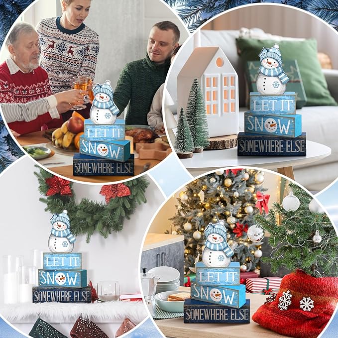 4 Pcs Snowman Christmas Table Decorations Winter Tiered Tray Decor Christmas Centerpiece Rustic Blue and White Decorative Snowman Block Sign Gift for Winter Wonderland Party Home Kitchen