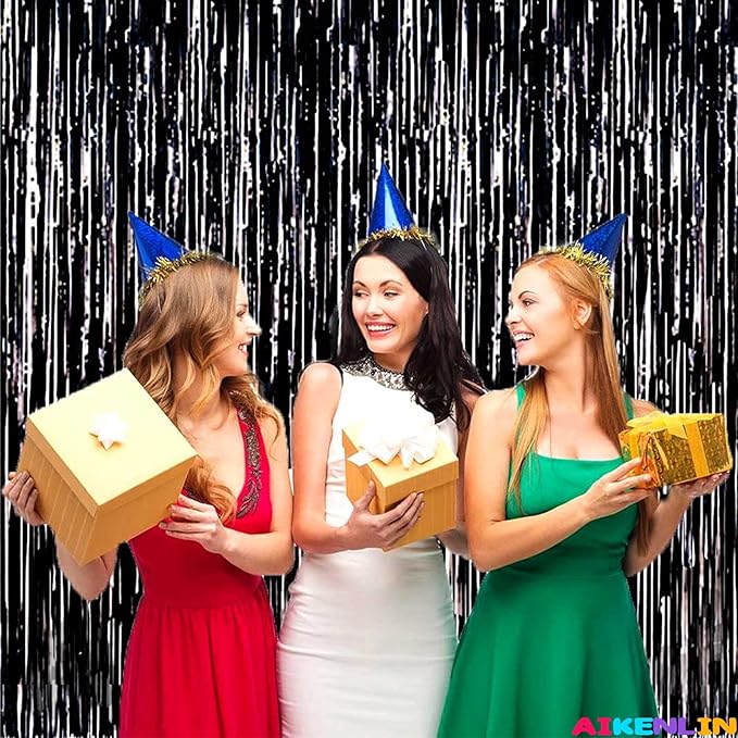4 Pack Black Foil Fringe Curtain Backdrop, 3.2Ft x 9.8Ft Metallic Tinsel Foil Fringe Streamers Curtains for Party, Photo Booth Props, Birthday, Wedding, Christmas Party Decoration Supplies