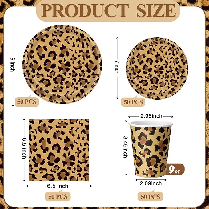 250 Pcs Leopard Print Plates Napkins and Cups Cheetah Print Party Decoration Tableware Safari Animal Leopard for Birthday Baby Shower Party Favors Jungle Theme Supplies Serve 50 Guests