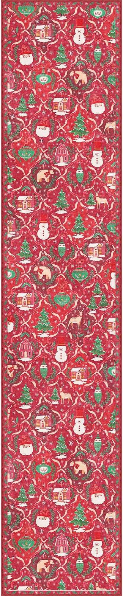 Christmas Runner Rug 2x10 Washable Rug for Hallway Kitchen Bedroom, Christmas Home Decor, Holiday Print Carpet, Low Pile Mat with Non Slip Backing, Red Christmas Tale Pattern