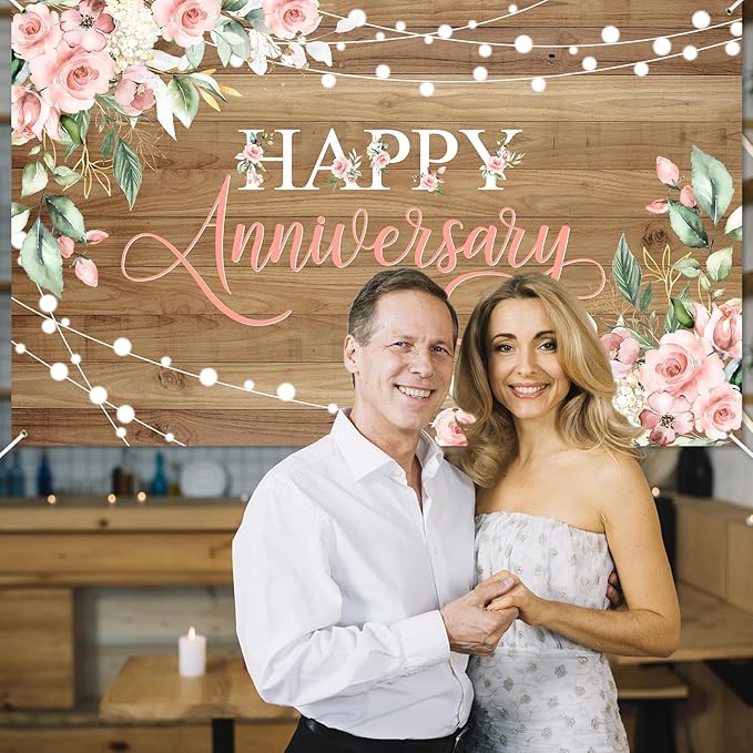 Avezano Happy Anniversary Backdrop Rustic Pink Floral Happy Anniversary Banner Wooden Cheers to Marriage Wedding Commemoration Day Party Decorations Banner 70.8 x 43.3 Inch