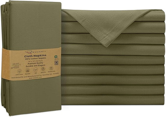 Ruvanti Premium Cloth Napkins Set of 12, 18x18 Inches, 100% Cotton, Washable, Soft & Absorbent, Perfect for Wedding, Christmas, ‎Thanksgiving Dinners -Capulet Olive