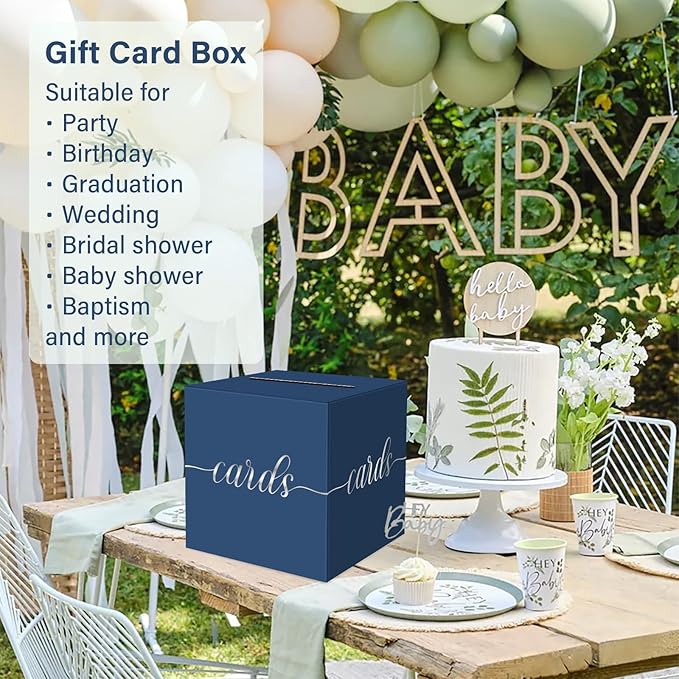 1 Pack Navy Blue and Silver Foil Card Box for Party, 8.7" Navy Blue Gift Card Box Money Box for Birthday, Wedding, Baby Shower, Retirement, Anniversary, Raffle Ticket, Graduation