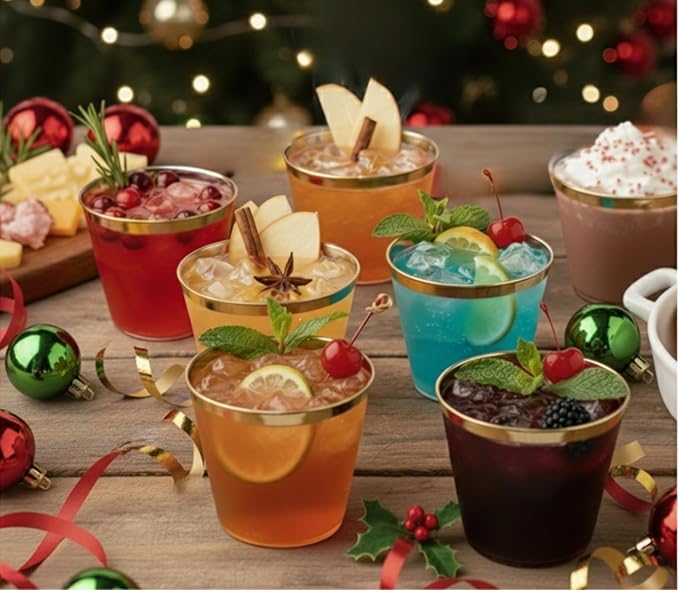 Perfect Settings 110 Gold 1 Line Clear Plastic Cups 9 Ounce- Holiday Wedding Party Elegant Trimmed Disposable Cups - Fancy Wedding Cups
