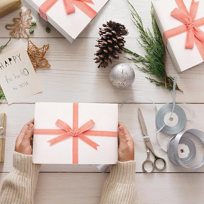 Yilloog 3/8'' 5/8'' 1'' 90 Yards Christmas Velvet Ribbon Vintage Satin Fabric Velvet Ribbon Roll for Christmas Tree Ornaments Decoration Gift Wrapping Bow DIY Crafts (Rose Gold)