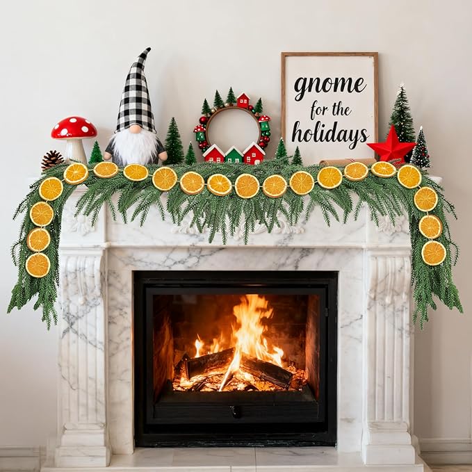 Christmas Garlands Set-6ft Norfolk Pine Garland with Dried Orange Slice,Real Touch Winter Pine Garland Green Artificial Greenery for Christmas Table Fireplace Mantle Xmas Holiday Decoration