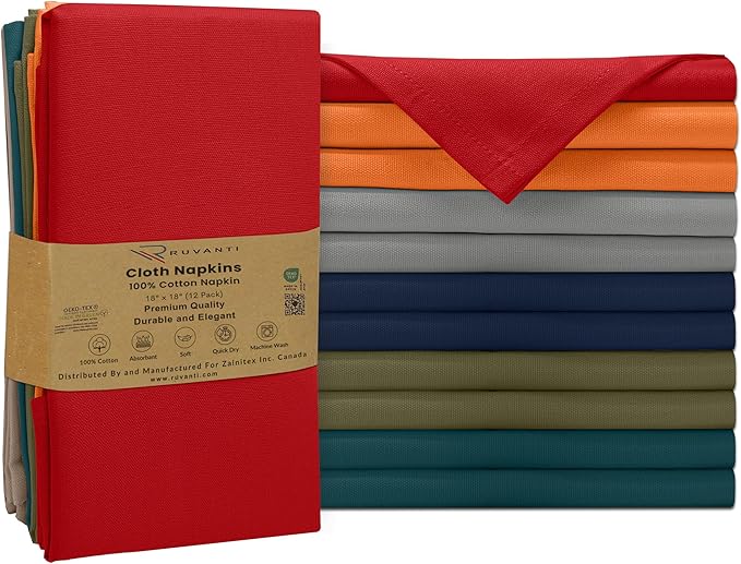 Ruvanti Premium Cloth Napkins Set of 12, 18x18 Inches, 100% Cotton, Washable, Soft & Absorbent, Perfect for Wedding, Christmas, ‎Thanksgiving Dinners - Multi Color