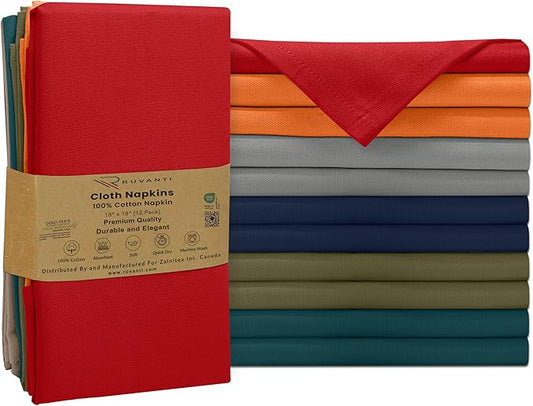 Ruvanti Premium Cloth Napkins Set of 12, 18x18 Inches, 100% Cotton, Washable, Soft & Absorbent, Perfect for Wedding, Christmas, ‎Thanksgiving Dinners - Multi Color