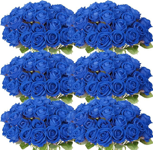 52 PCS Blue Artificial Roses Bulk, Fake Artificial Flowers Bridal Bouquet Silk Faux Rose with Stems for Wedding Flowers Decoration, Valentine's Day, Bridal Bouquet, Anniversary, Home Decor (52PCS)