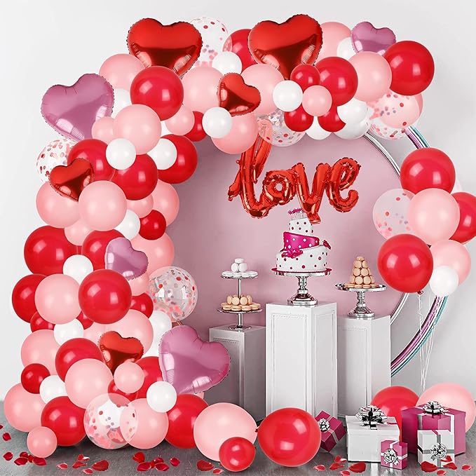 DR.DUDU 263 Pcs Valentines Day Balloon Arch Kit Decorations, Pink/White/Red Balloons Garland Decor with LOVE Heart Balloon Rose Petals for Galentines Day Party Birthday Wedding Proposal Anniversary
