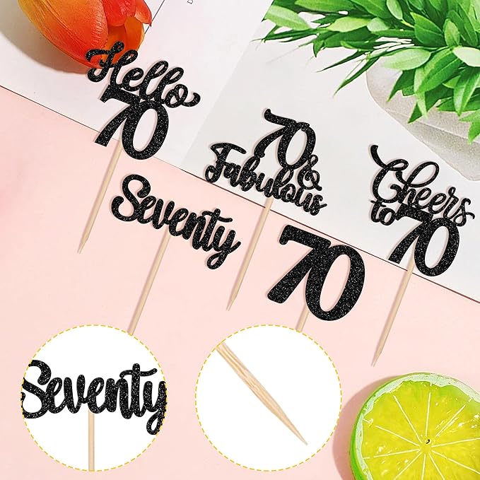 30PCS Happy 70th Birthday Cupcake Toppers Glitter Hello 70 Fabulous Seventy Cheers to 70 Years Old Birthday Cupcake Picks for Happy 70th Birthday Anniversary Party Cake Decorations Supplies Black
