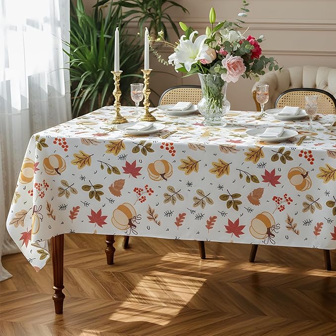 Thanksgiving Waterproof Tablecloth – Fall Harvest Pumpkins, Maple Leaves & Berries Print – Autumn Rectangle Table Cover for Dining or Party, White, W60 x L84 in