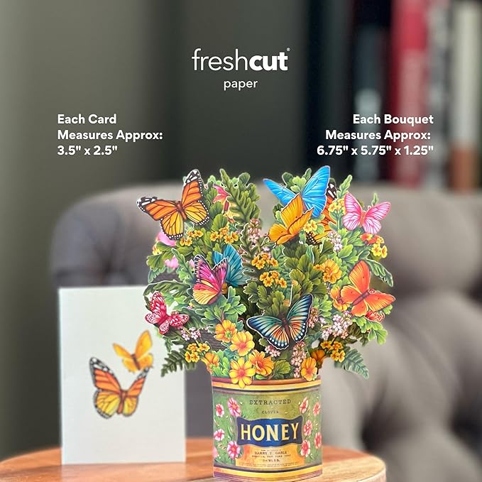 Freshcut Paper Pop Up Cards, Garden Favorites, 6 inch Mini Sized Paper Flower Bouquet 3D Popup Greeting Cards, Birthday Card, Thank You Card, Blank Notecards & Envelopes, Pack of 5