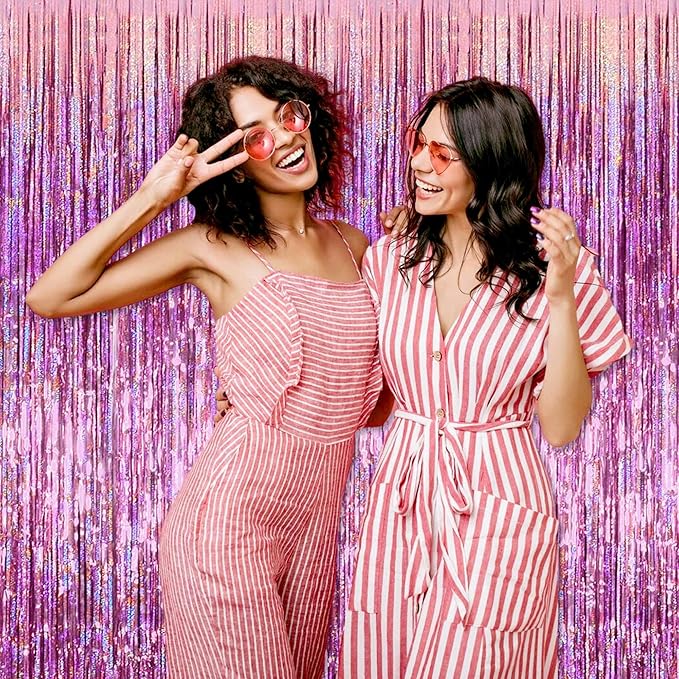 6 Pack Pink Foil Fringe Curtains Backdrop, 3.28 x 8.2 Ft Metallic Streamers Tinsel Curtains Background for Photo Booth, Birthday, Christmas, Halloween, Thanksgiving, New Year Party Decorations