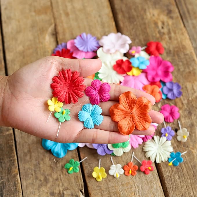 Handmade100 Pcs Mixed Flowers 18 mm - 2 Inch Mulberry Paper Flowers Scrapbooking Wedding DIY Craft Supplies Card (Mixed Colors)