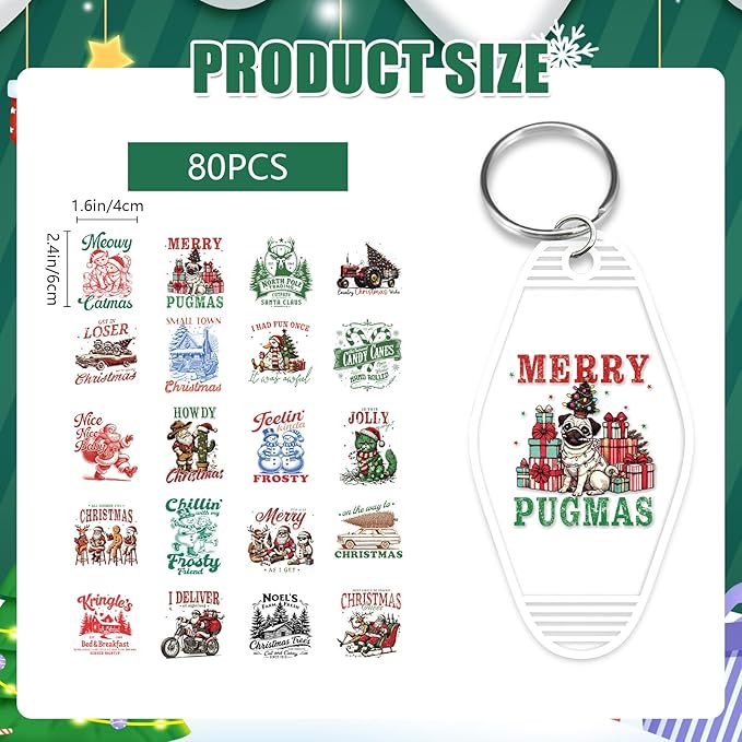Vintage Christmas UV DTF Stickers - 80 Sheets Christmas UVDTF Decals for Motel Keychain, Xmas Santa Snowman Cat Rub on Transfer Stickers DIY Hotel Keychain Blank Personalized Crafts