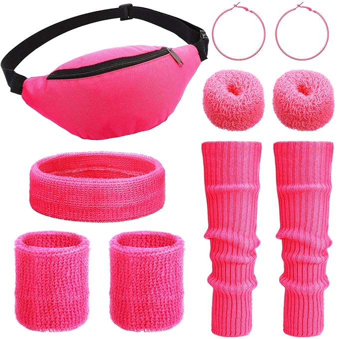 Haysandy 80s Costume Accessories for Women, Neon Leg Warmers Headband Wristbands Earrings Hair Rings for Cosplay(Pink)