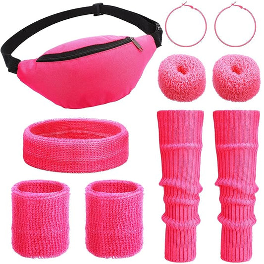 Haysandy 80s Costume Accessories for Women, Neon Leg Warmers Headband Wristbands Earrings Hair Rings for Cosplay(Pink)