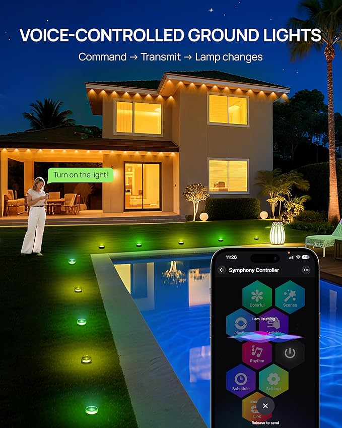 VCOKEN Outdoor Ground Lights, 50FT with Smart 15 LED RGBWW Christmas Pathway Lights with App Control, DIY Scene Modes IP65 Waterproof Walkway Light for Yard, Walkway Driveway Garden Decor