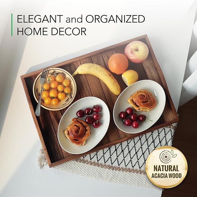 Large Acacia Wooden Serving Tray with Handles 20 x 14 inch Decorative Coffee Table Ottoman Tray for Living Room Extra Large for Kitchen Dinner Food Bar Breakfast in Bed (Color Natural)