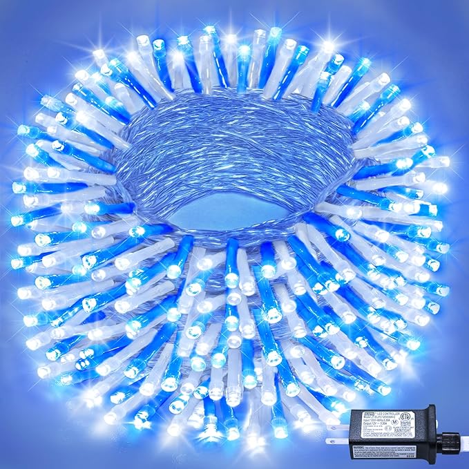 100FT 300 LED Christmas Lights Outdoor, Plug in Christmas String Lights Indoor, Waterproof & 8 Modes & Timer Function, Connectable Fairy Twinkle Light for Bedroom Xmas House Decor, Blue White